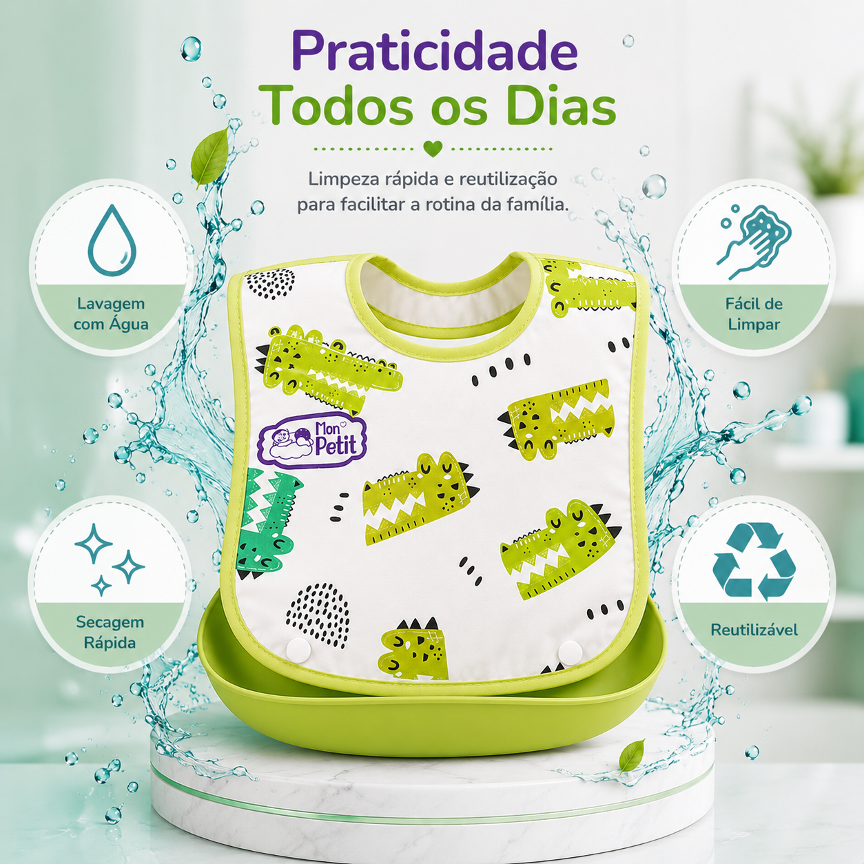 Infografia que mostra a praticidade de lavar e secar rapidamente um babador reutilizável para bebé.
