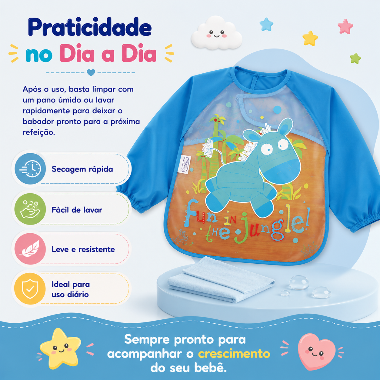 Infografia instrutiva sobre a facilidade de limpeza, secagem e manutenção diária do babador de manga longa.