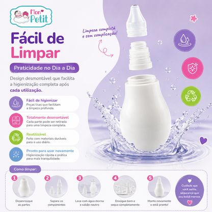 Guia de higienização passo a passo mostrando as peças do aspirador nasal totalmente desmontadas sobre a água, com instruções detalhadas de como lavar com água morna e sabão neutro.
