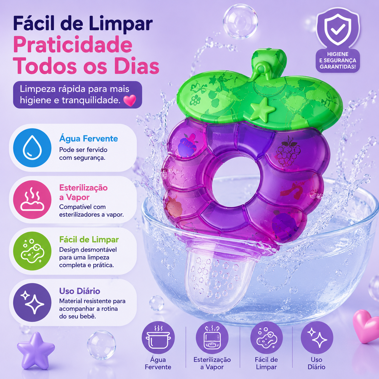 Cartaz informativo com o título Fácil de Limpar que indica a compatibilidade do produto com água fervente e esterilização a vapor, exibindo o alimentador mergulhado numa taça de água.