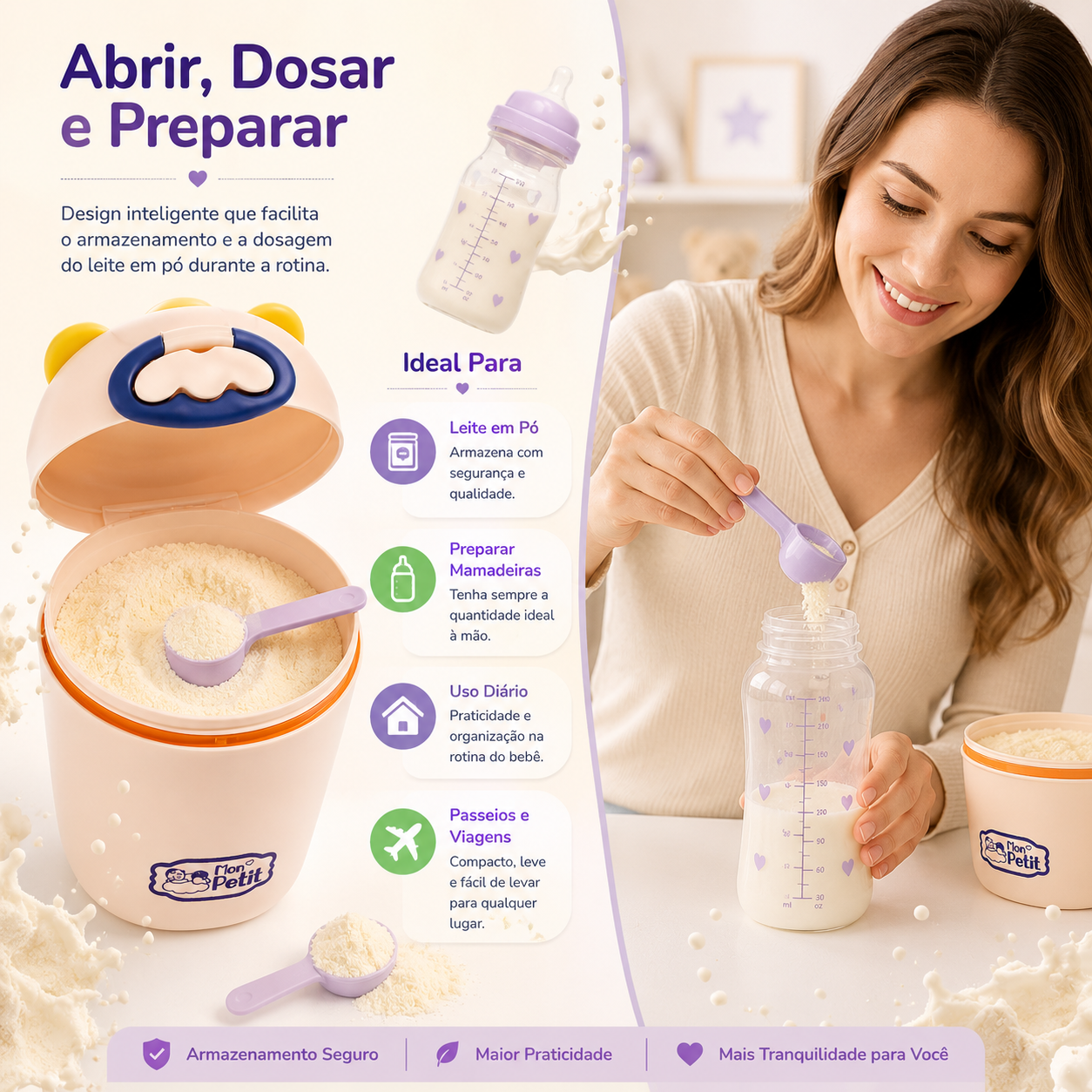 Mulher a usar a colher doseadora da caixa Mon Petit para preparar o biberão de leite em pó do bebé de forma prática.