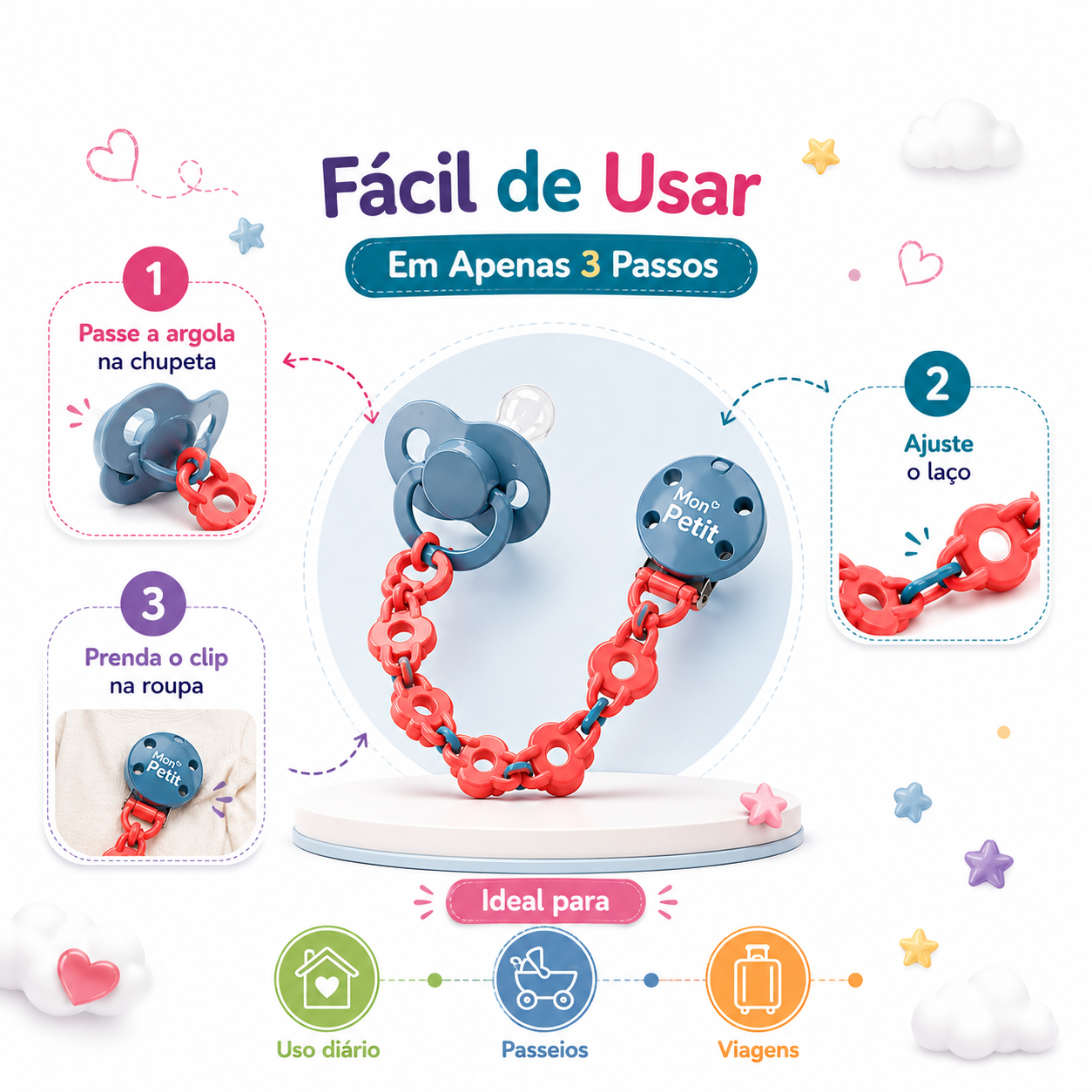 Guia explicativo em 3 passos para usar a corrente de chupeta Mon Petit: passar a argola na chupeta, ajustar o laço e prender o clip na roupa do bebé.