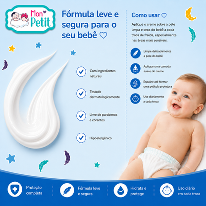 Guia visual com amostra da textura branca do creme Mon Petit e instruções de como usar: limpar delicadamente, aplicar camada suave e usar a cada troca.