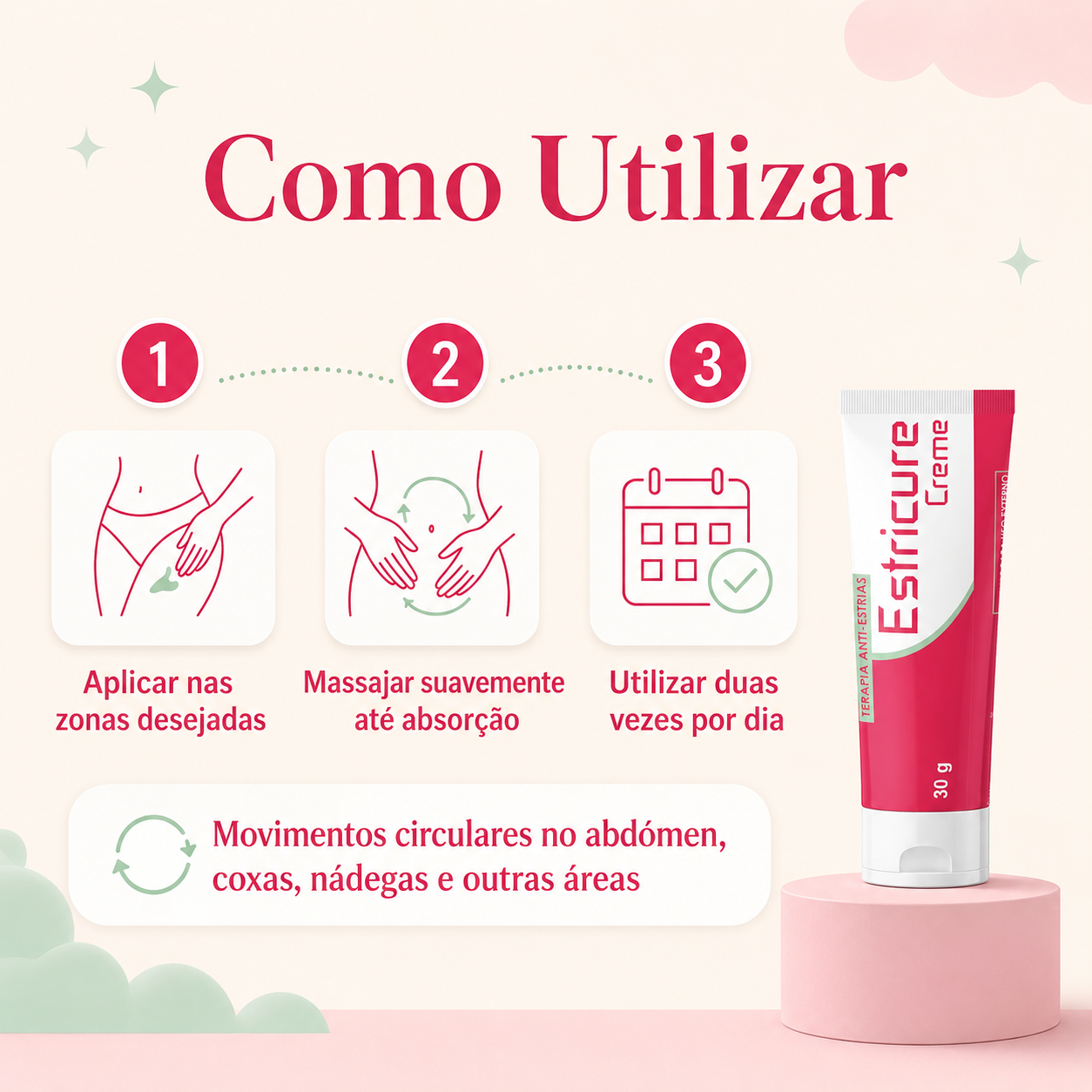 Instruções de utilização do Estricure Creme: aplicar nas zonas desejadas, massajar até à absorção e utilizar duas vezes por dia.