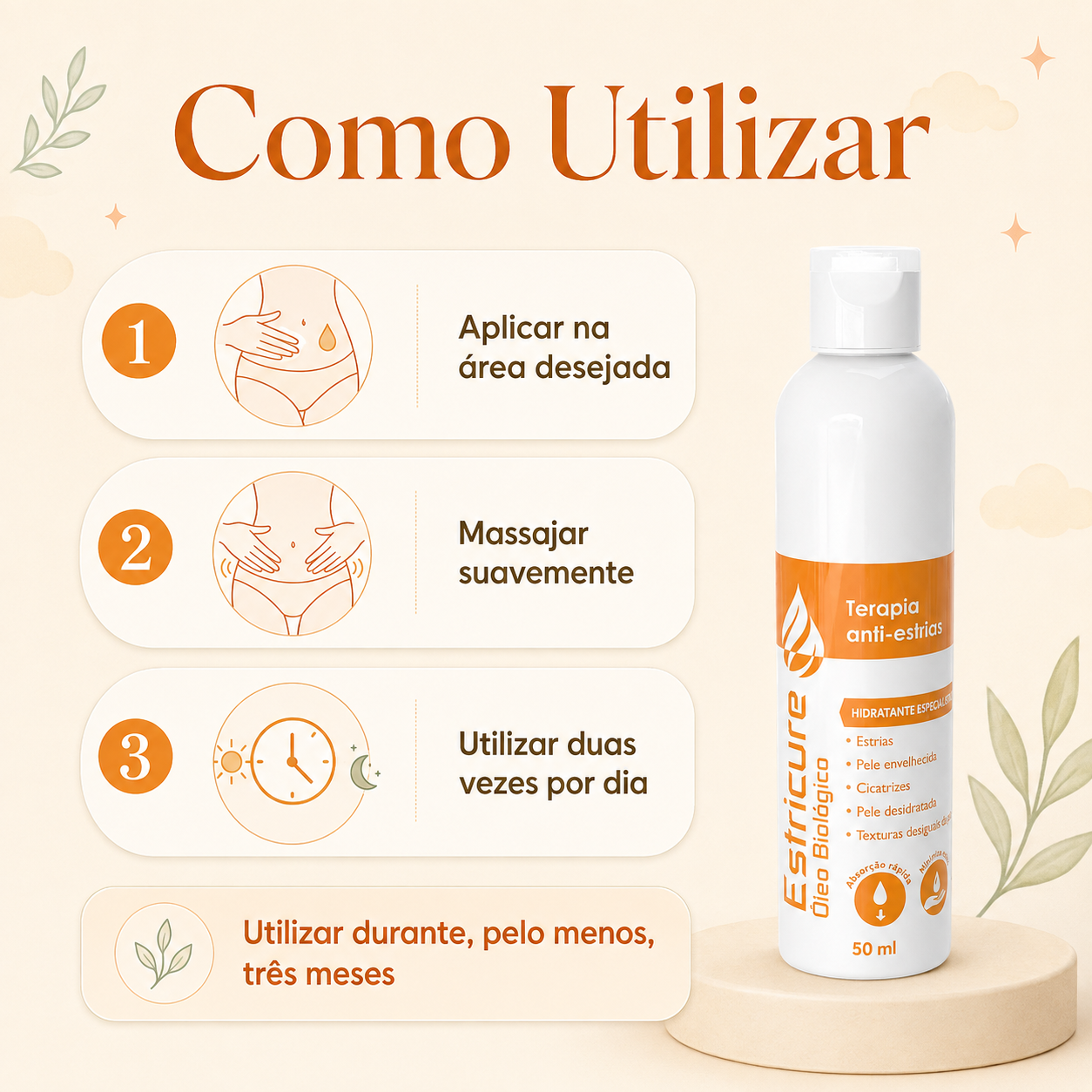 Instruções de utilização do Estricure Óleo Biológico: aplicar, massajar e utilizar duas vezes por dia.