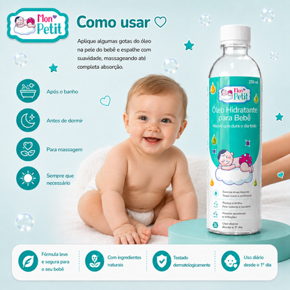 Instruções de uso do óleo Mon Petit com um bebé ao centro, indicando a aplicação após o banho, antes de dormir, para massagem ou sempre que necessário.