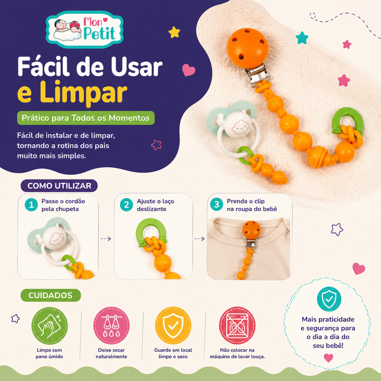 Guia passo a passo ilustrado de como usar o prendedor: passar o cordão pela chupeta, ajustar o laço deslizante e prender o clip na roupa, seguido de ícones com dicas de cuidados higiénicos.