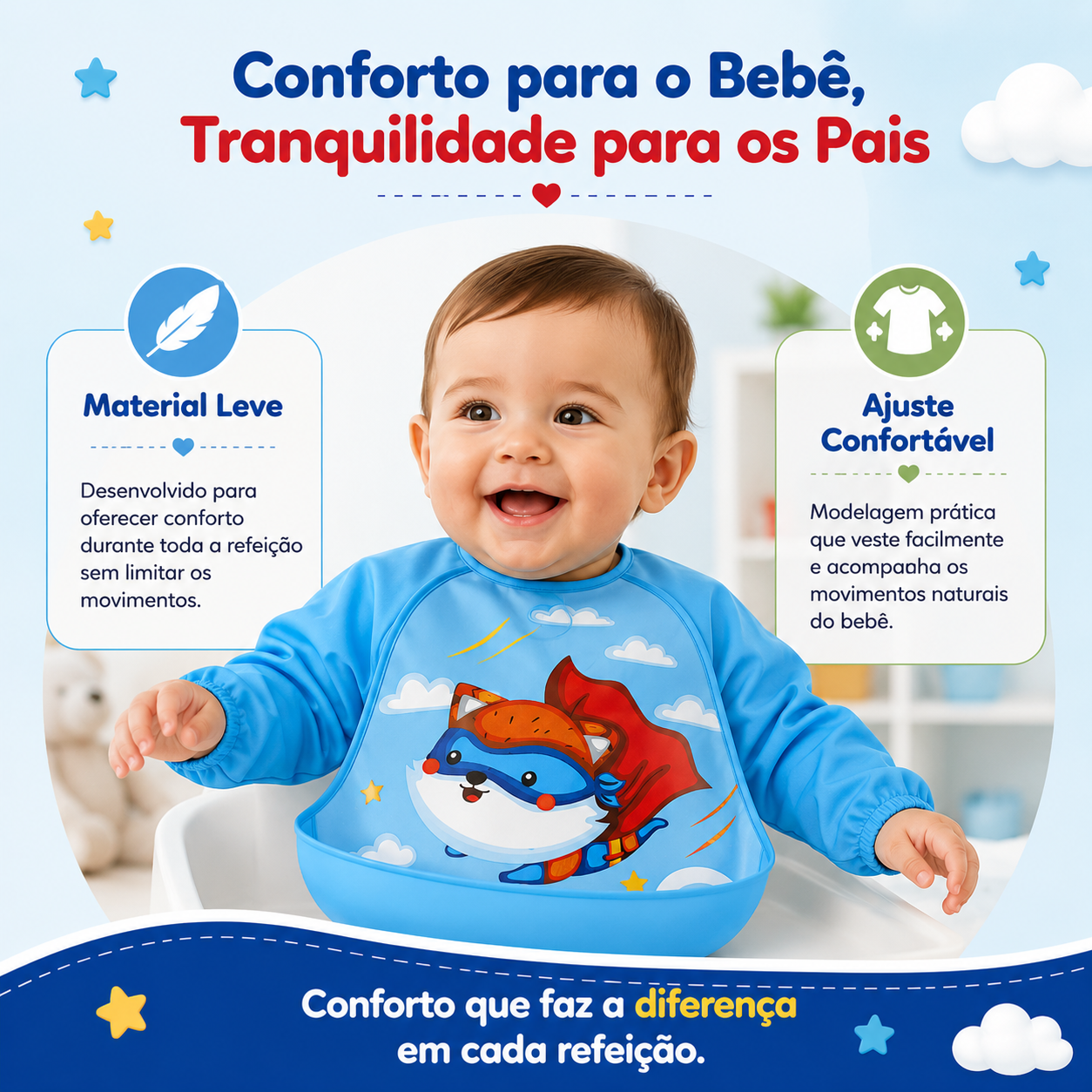 Bebé sorridente a usar um babador azul ajustável, realçando o conforto e a liberdade de movimentos durante a refeição.