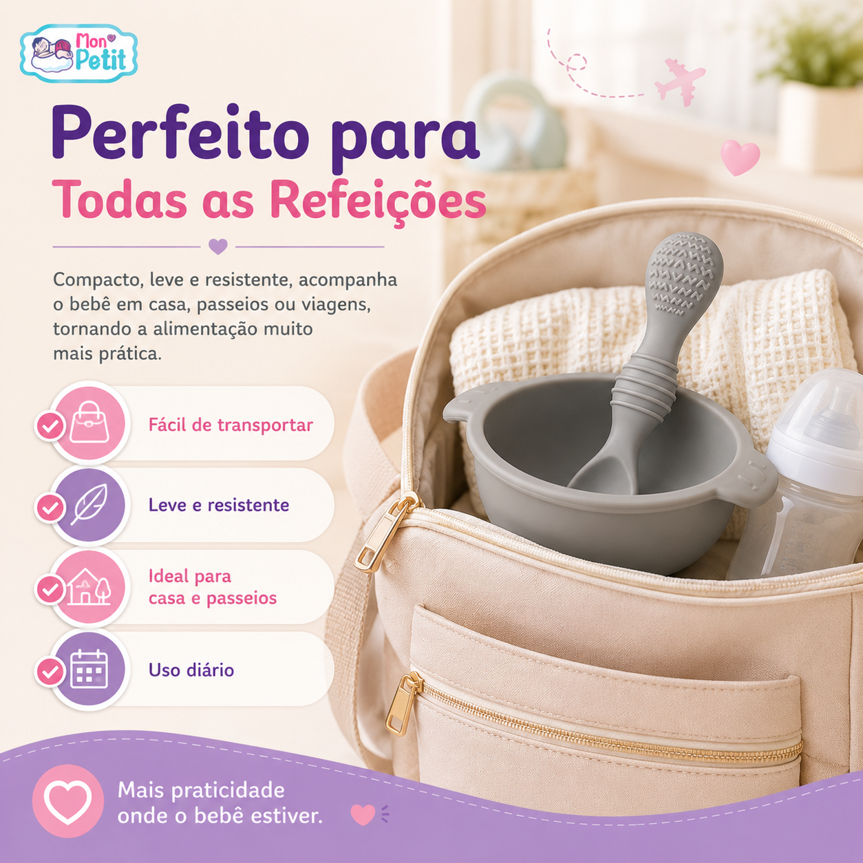Kit de alimentação para bebé com tigela e colher de silicone dentro de uma mala de viagem.