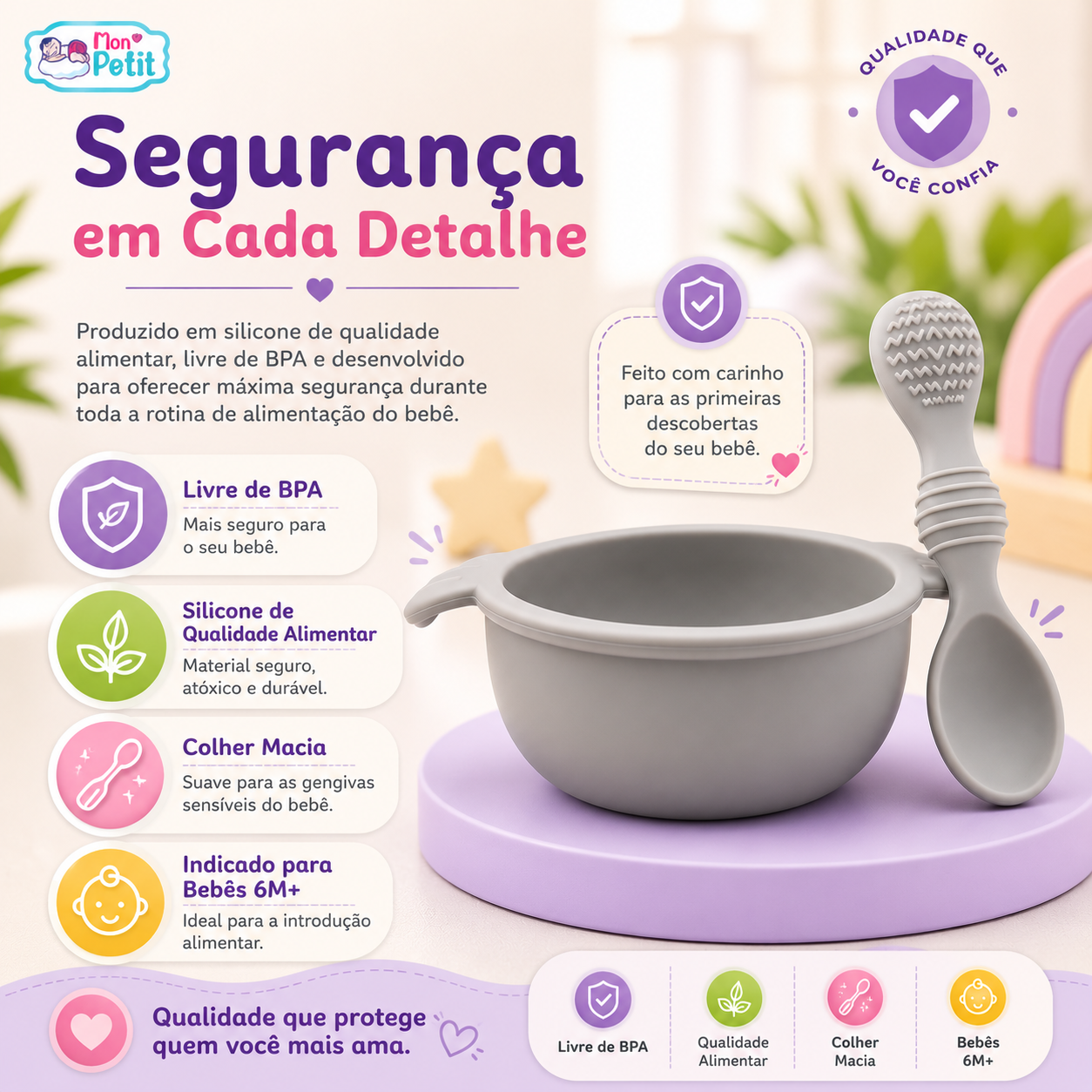 Detalhes de segurança de conjunto de alimentação para bebé, livre de BPA e silicone alimentar.
