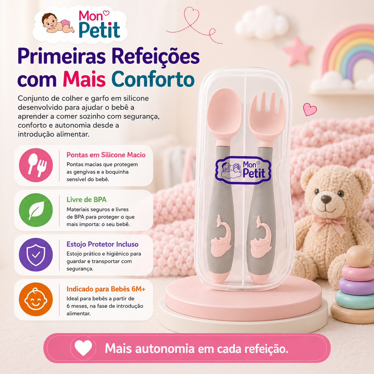 Infografia informativa do conjunto de talheres infantis Mon Petit para bebés a partir dos 6 meses, destacando as pontas em silicone macio, a ausência de BPA e o estojo protetor incluído.