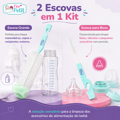Infográfico explicativo detalhando o kit de 2 escovas em 1: a escova grande perfeita para mamadeiras e copos, e a escova pequena projetada para bicos, válvulas e pequenos acessórios.