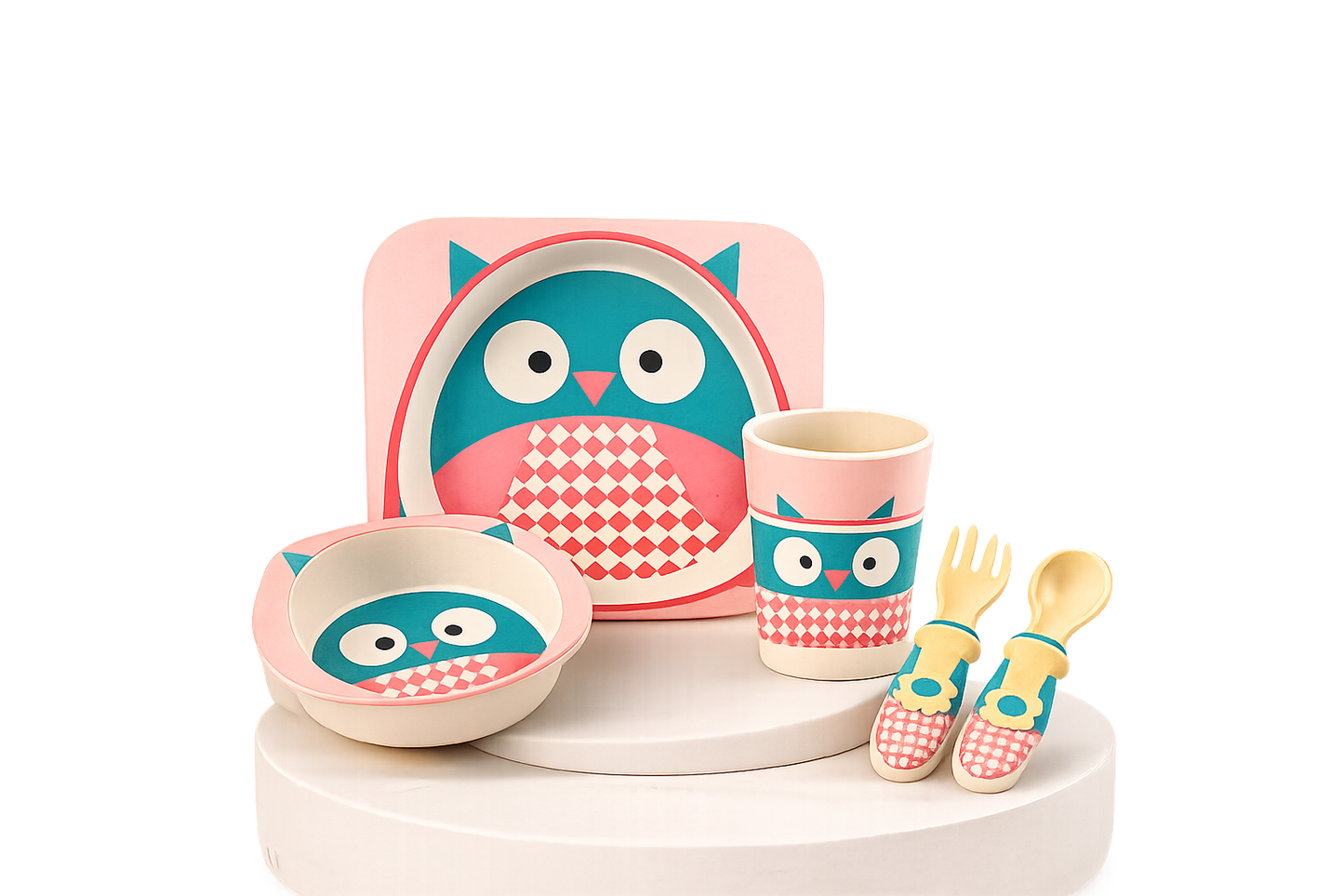 Conjunto de loiça infantil de 5 peças feito em fibra de bambu com ilustração de coruja rosa e azul, incluindo prato, tigela, copo, garfo e colher para bebé.