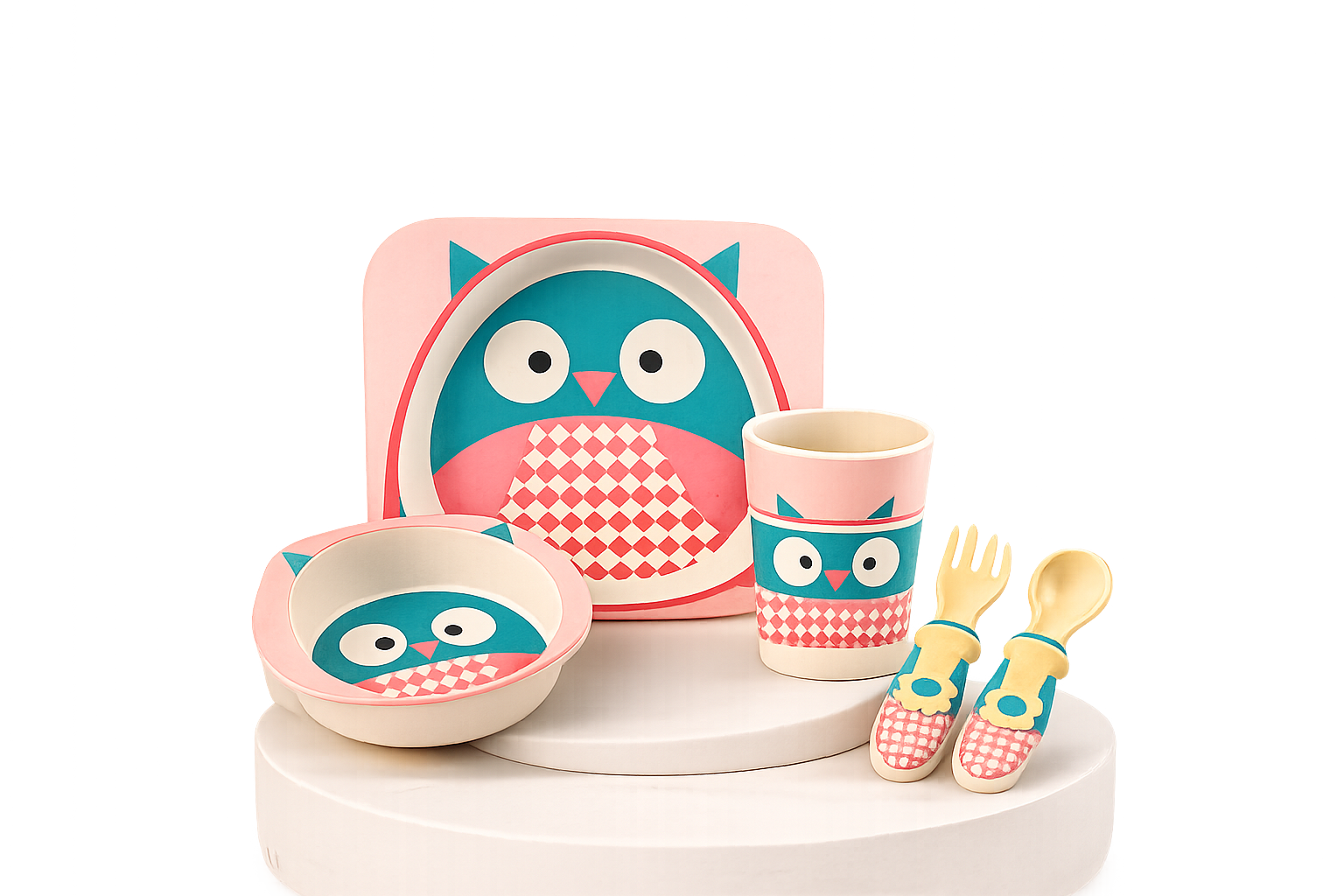 Conjunto de loiça infantil de 5 peças feito em fibra de bambu com ilustração de coruja rosa e azul, incluindo prato, tigela, copo, garfo e colher para bebé.