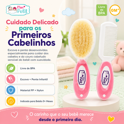 Infográfico publicitário do conjunto de pente e escova para bebé Mon Petit, destacando os selos explicativos Livre de BPA, Material PP e Nylon e indicação de uso desde o nascimento (0M+).