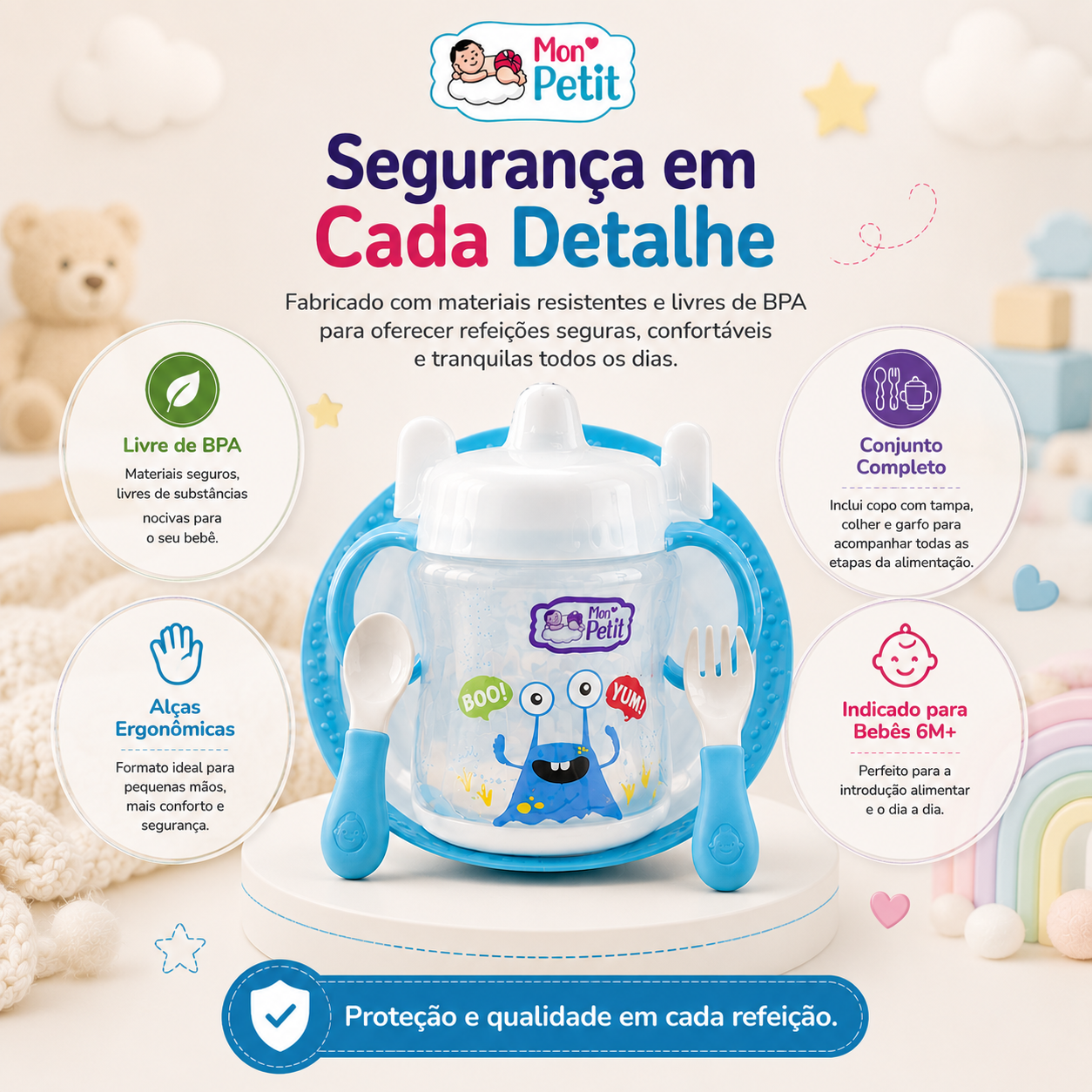 Apresentação do kit de refeição focado no design para pequenas mãos, evidenciando as alças laterais do copo que facilitam a preensão e promovem a coordenação motora.