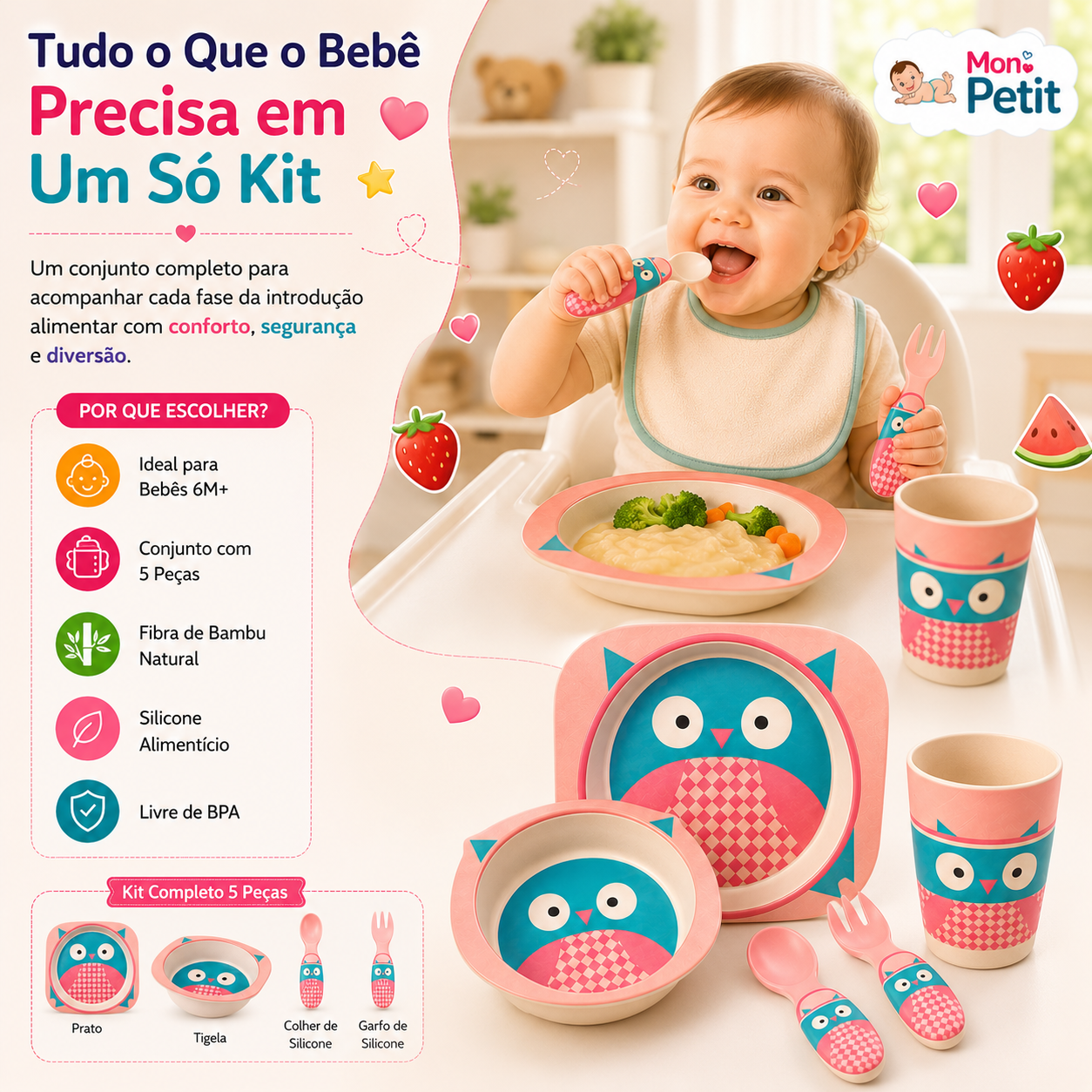 Painel promocional do kit completo de coruja mostrando as dimensões do prato, tigela e talheres infantis ao lado de um bebé a usar o conjunto durante a refeição.