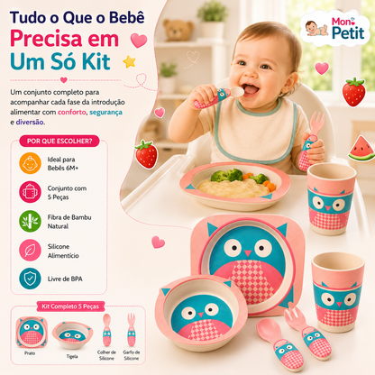 Painel promocional do kit completo de coruja mostrando as dimensões do prato, tigela e talheres infantis ao lado de um bebé a usar o conjunto durante a refeição.