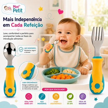 Infografia com um bebé feliz junto a um prato de partição com legumes e frutas, realçando os motivos para escolher os talheres em aço inoxidável e o cabo anatómico adaptado para crianças.
