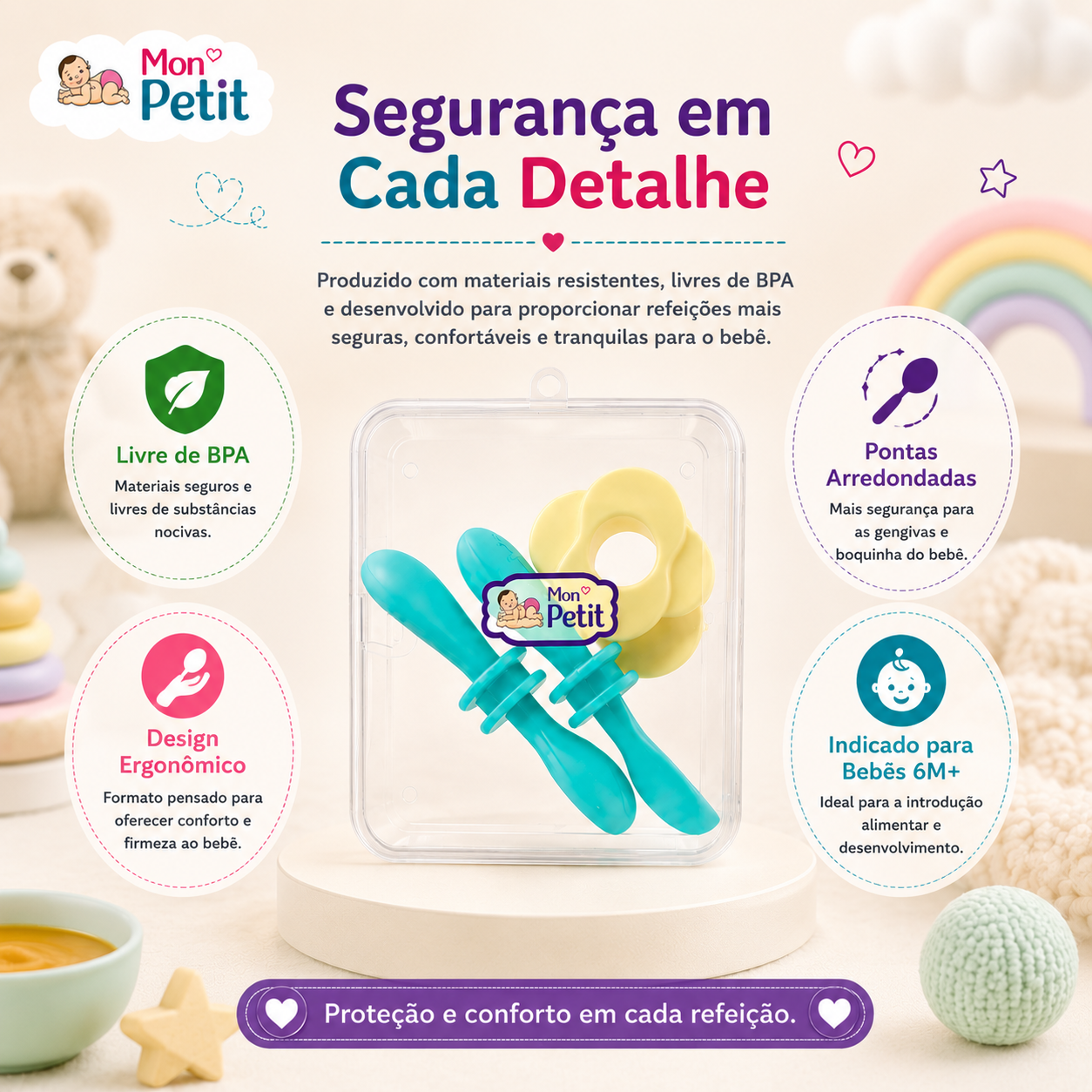 Diagrama focado na segurança do conjunto de refeição infantil para bebés de 6 meses ou mais, evidenciando o design ergonómico e materiais livres de substâncias nocivas.