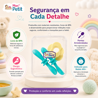 Diagrama focado na segurança do conjunto de refeição infantil para bebés de 6 meses ou mais, evidenciando o design ergonómico e materiais livres de substâncias nocivas.