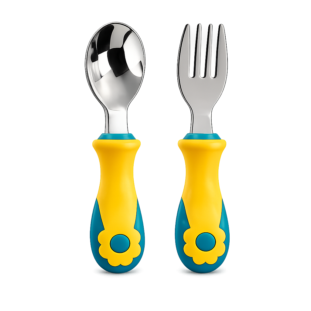 Conjunto de talheres infantis Mon Petit com garfo e colher em aço inoxidável brilhante e cabos ergonómicos amarelos e azuis com padrão de flor, isolado em fundo branco.
