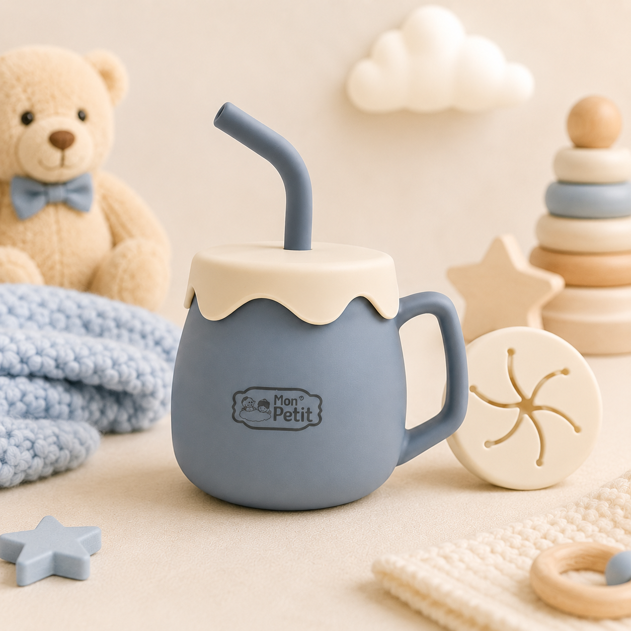 Copo multifunções 2 em 1 para lanches e líquidos em silicone azul, posicionado num ambiente infantil com brinquedos de madeira decorativos e manta suave.
