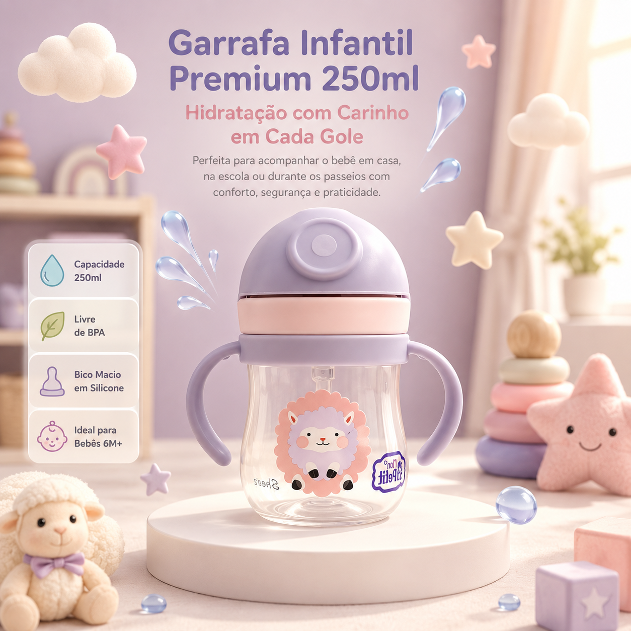 Infografia da garrafa infantil premium Mon Petit de 250ml num quarto decorado, realçando características como material livre de BPA, bico macio em silicone e recomendação para bebés a partir dos 6 meses.