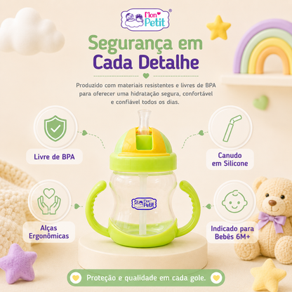 Gráfico informativo sobre a segurança do copo de aprendizagem Mon Petit, indicado para bebés a partir dos 6 meses, feito com materiais resistentes livres de químicos.