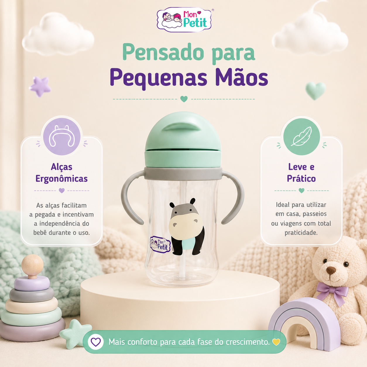 Copo infantil com alças ergonómicas desenhadas para as pequenas mãos do bebé, promovendo a autonomia e facilidade de transporte em passeios.