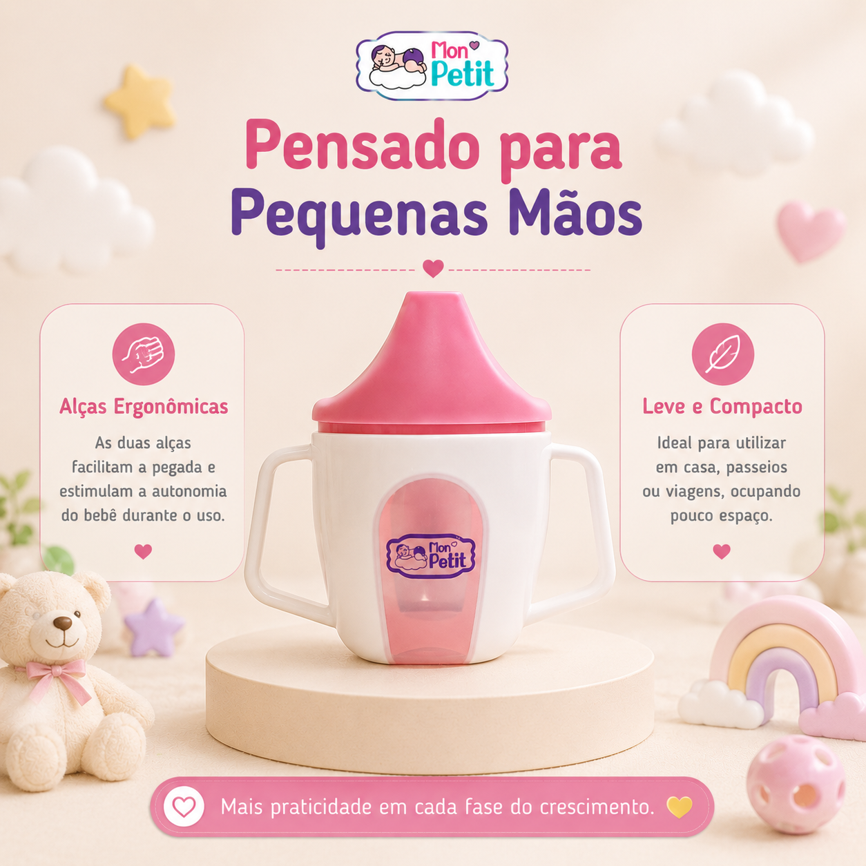 Apresentação do copo para bebé desenhado para pequenas mãos, salientando a estrutura leve, compacta e as duas alças laterais que estimulam a autonomia.