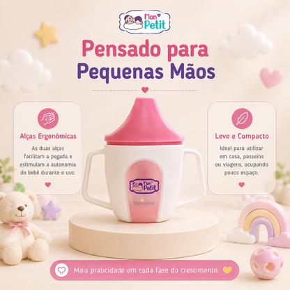 Apresentação do copo para bebé desenhado para pequenas mãos, salientando a estrutura leve, compacta e as duas alças laterais que estimulam a autonomia.
