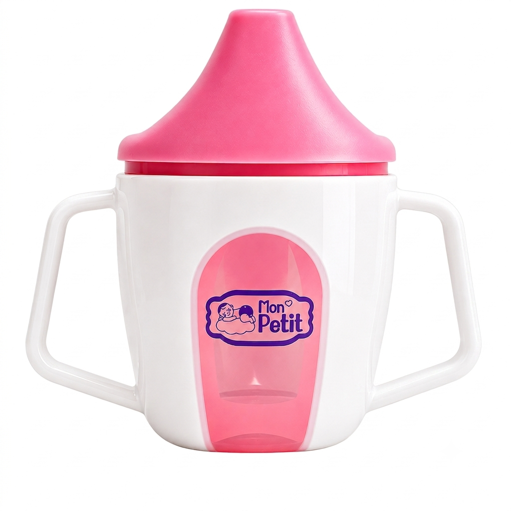 Copo de aprendizagem infantil branco com bico rígido rosa, alças laterais duplas e logótipo Mon Petit, isolado sobre um fundo transparente.