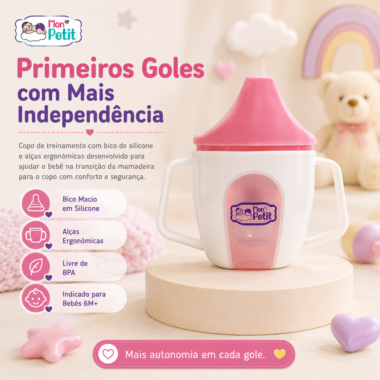 Infografia informativa do copo de transição Mon Petit para bebés a partir dos 6 meses, destacando o bico macio, alças ergonómicas e composição livre de BPA.