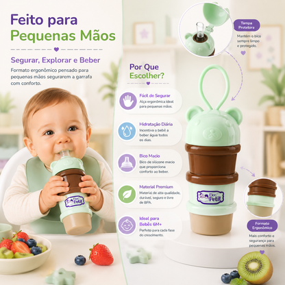 Bebé a segurar copo de transição ergonómico, desenhado para pequenas mãos.