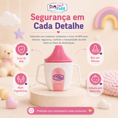 Diagrama de segurança do copo infantil Mon Petit com indicações sobre os materiais resistentes e livres de BPA, adequado para a fase de dentição.