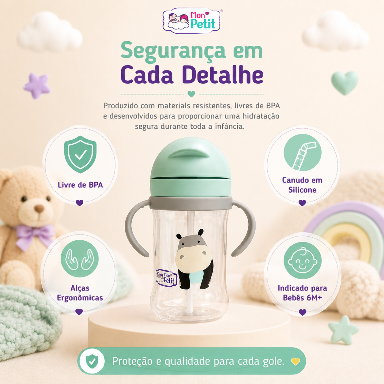 Diagrama de segurança do copo infantil Mon Petit indicado para bebés a partir dos 6 meses, feito com materiais resistentes e livres de BPA.