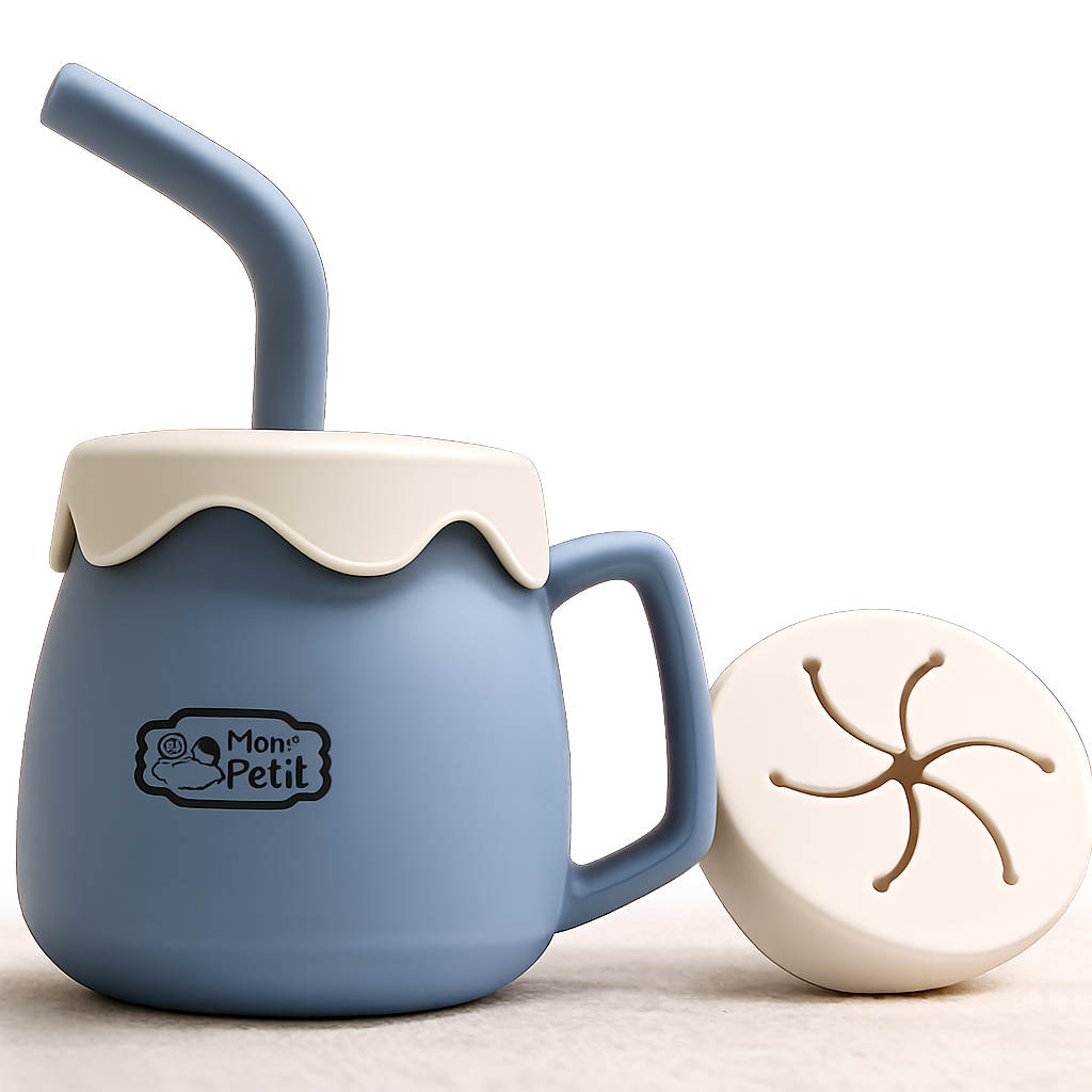 Copo porta-snacks infantil em silicone azul-cinzento com pega lateral, tampa creme estilo onda com palhinha integrada e uma tampa flexível adicional para lanches ao lado.