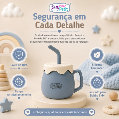 Diagrama de segurança do copo de refeição Mon Petit, realçando o material em silicone alimentar, a tampa protetora contra quedas de comida e a total segurança para o bebé.