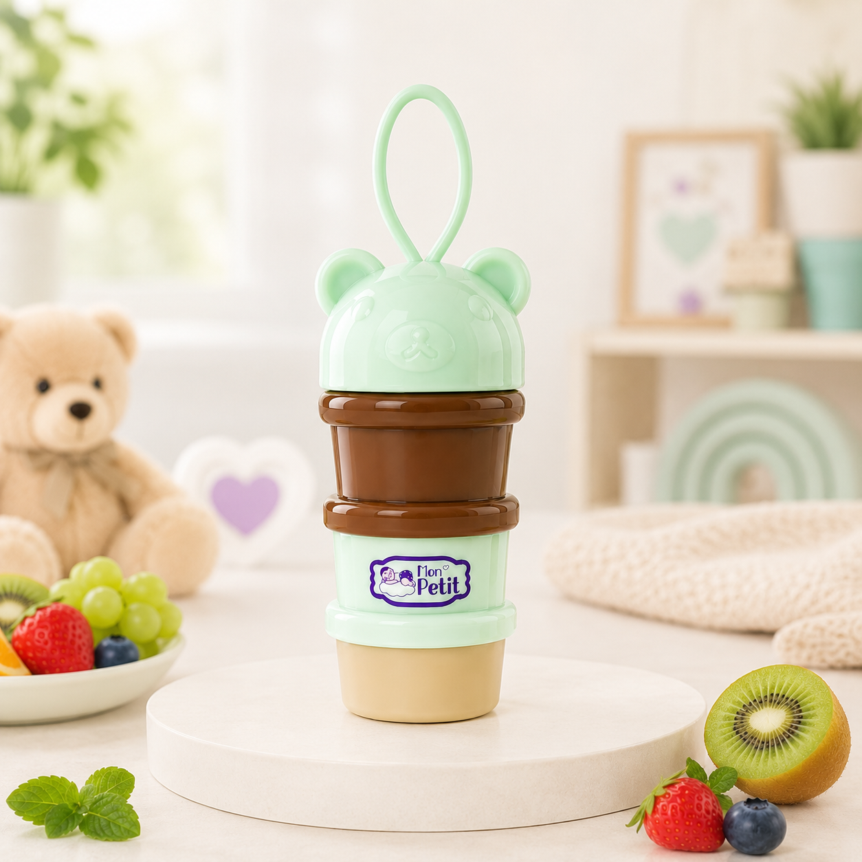Copo de silicone para bebé com design de urso e frutas frescas na base.