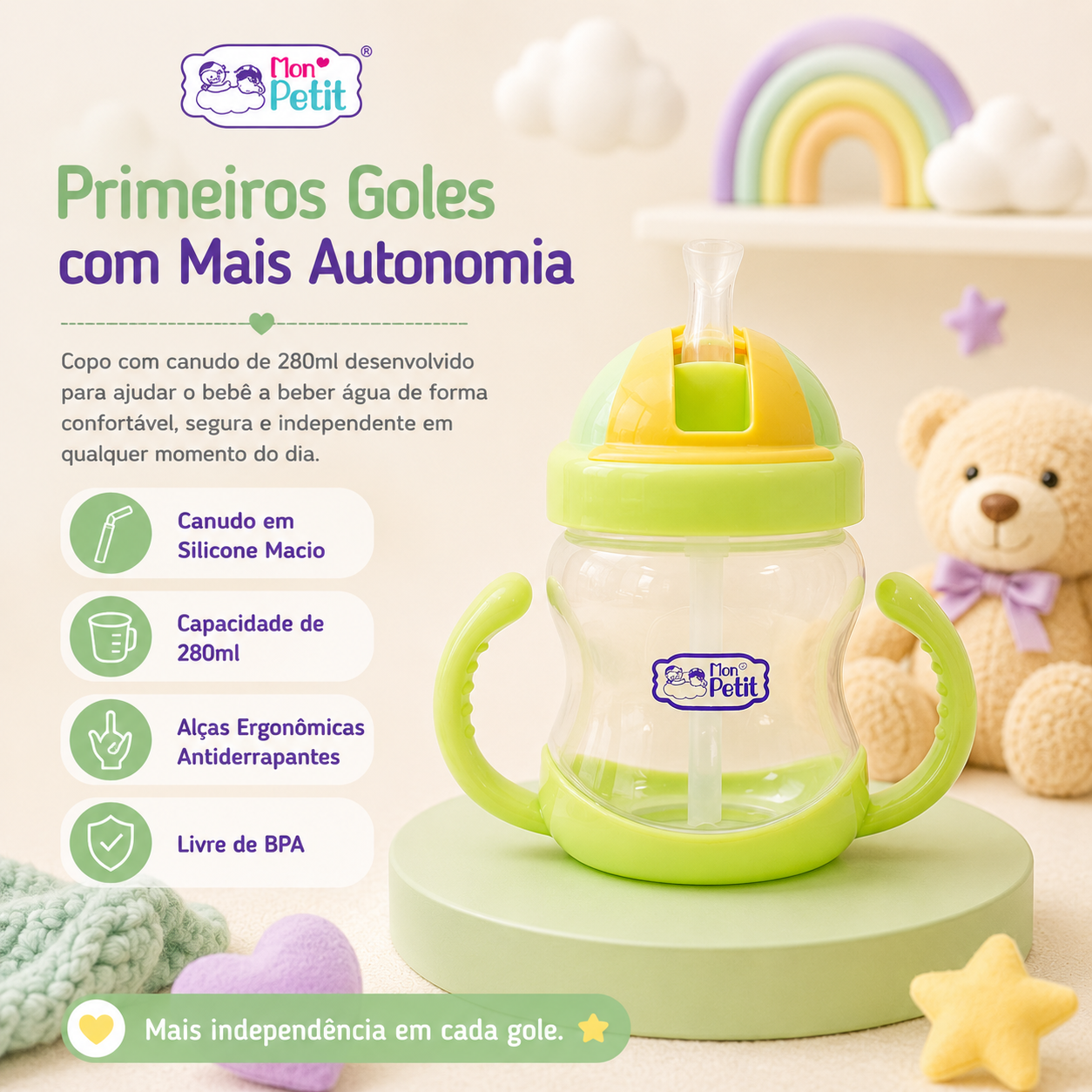 Infografia do copo de transição Mon Petit de 280ml, evidenciando a palhinha em silicone macio, as alças ergonómicas antiderrapantes e a garantia de material livre de BPA.