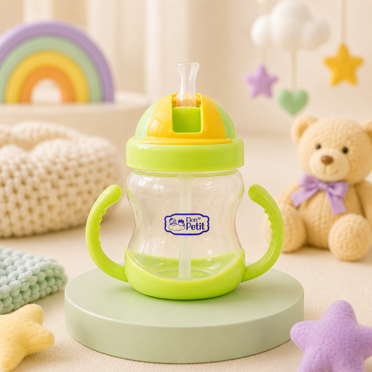 Copo de transição infantil verde posicionado numa base circular num quarto decorado com arco-íris de madeira, estrelas de tecido e um peluche macio.