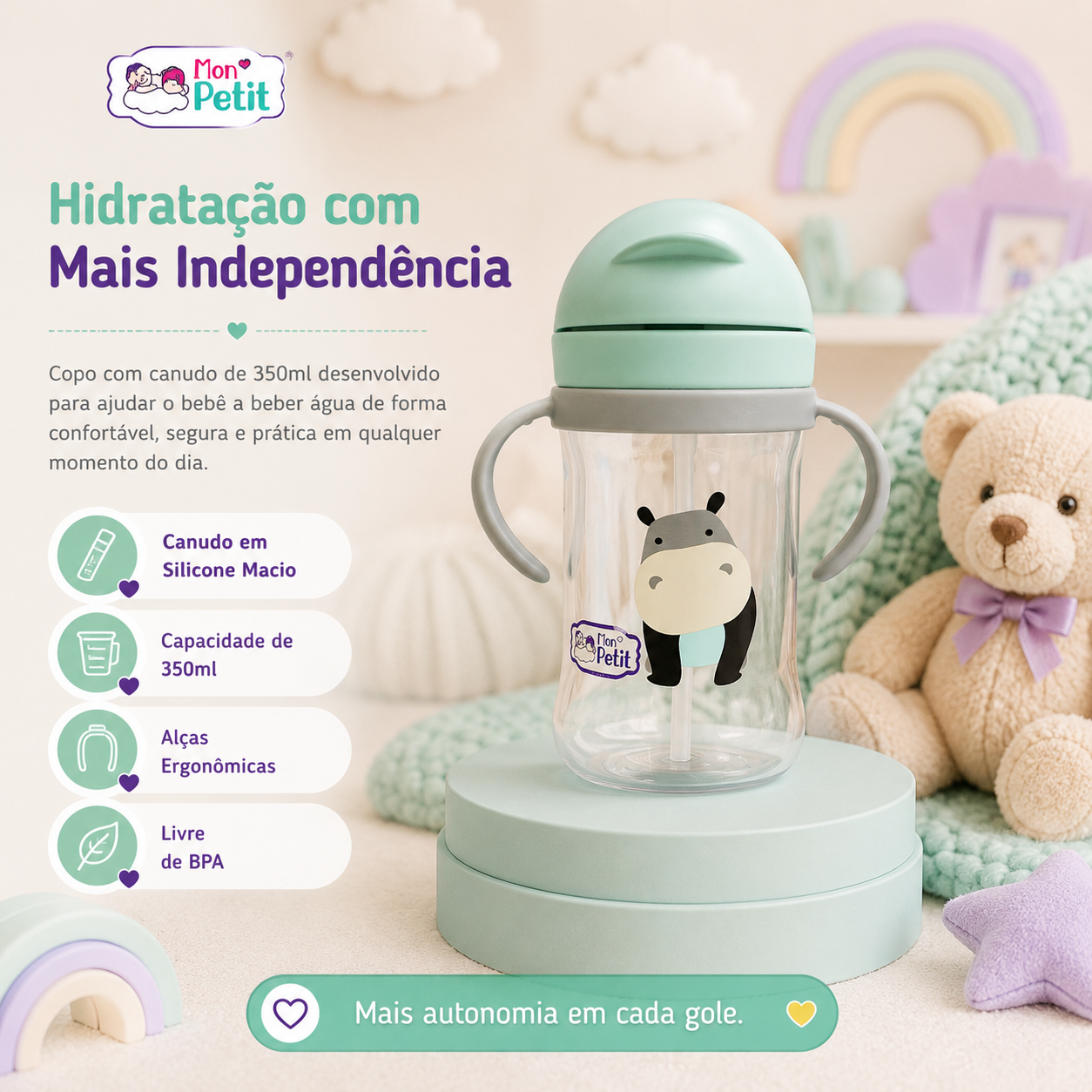 Infografia do copo de transição Mon Petit de 350ml, destacando a palhinha de silicone macio, as alças ergonómicas e a composição livre de BPA.