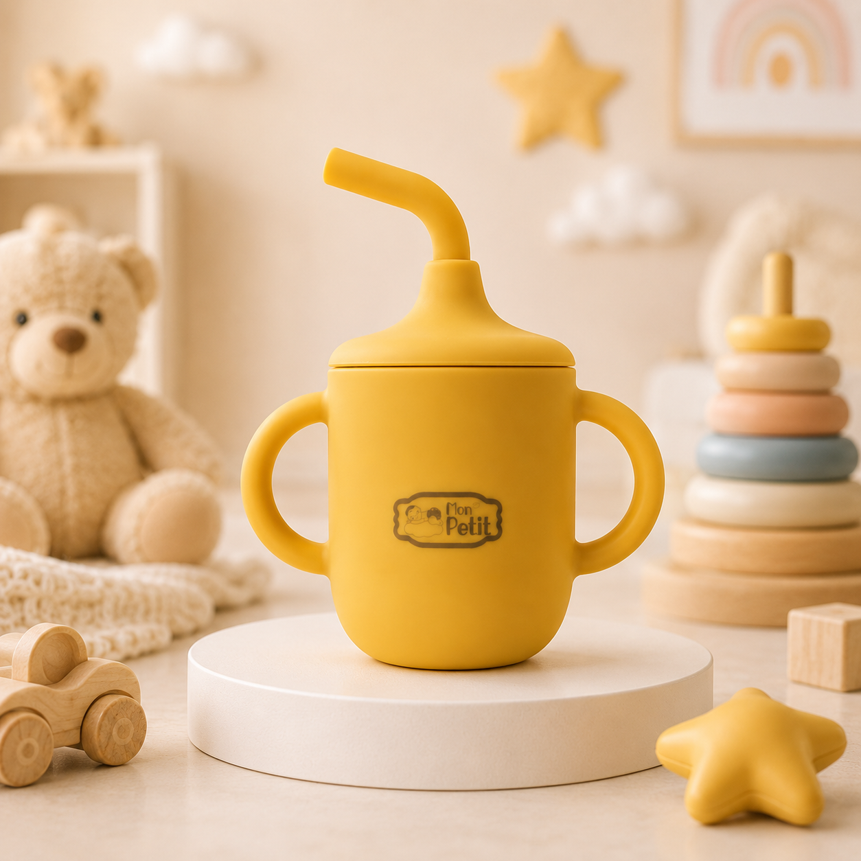 Copo de transição em silicone cor de mostarda colocado sobre um pódio circular branco num cenário infantil com urso de peluche, torre de argolas e carro de madeira.