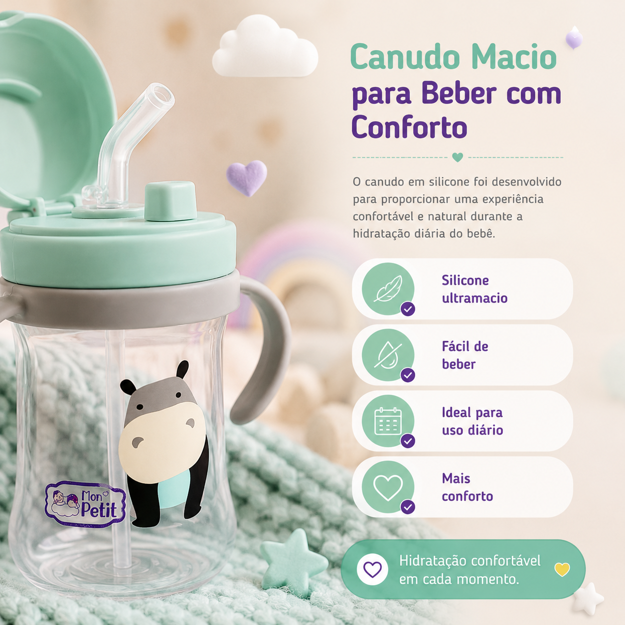 Grande plano do copo de treino aberto mostrando a palhinha flexível em silicone ultramacio, ideal para a hidratação diária e confortável do bebé.
