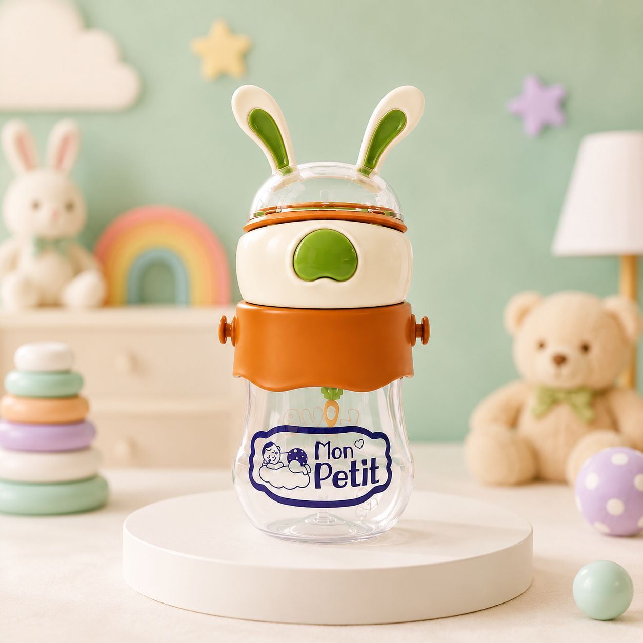 Garrafa infantil de coelho Mon Petit pousada num suporte redondo num quarto de bebé decorado com peluches, arco-íris de madeira e brinquedos em tons pastel.