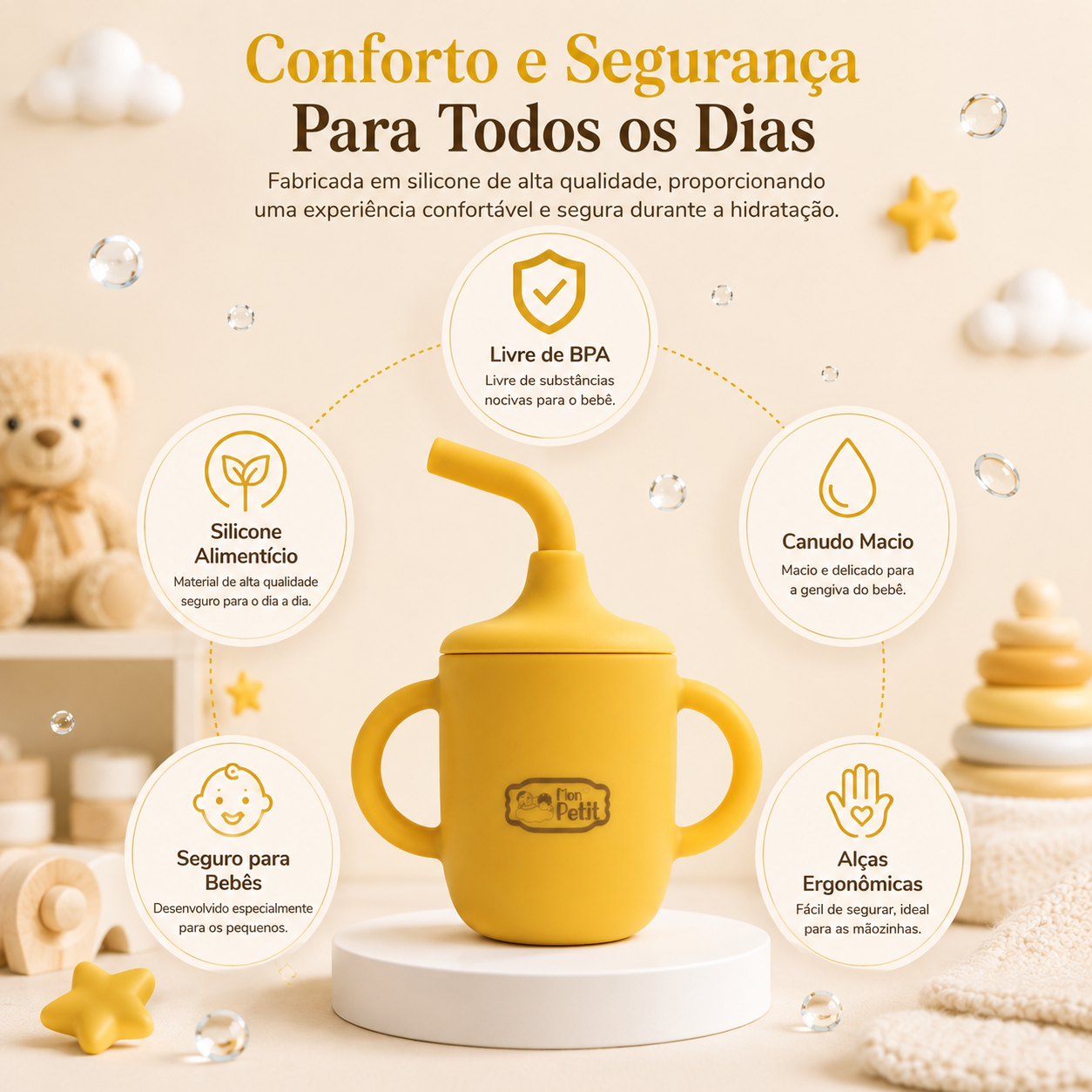 Diagrama de benefícios do copo de treino de silicone mostrando que é seguro para bebés, possui alças ergonómicas fáceis de segurar e uma palhinha macia e delicada para as gengivas.