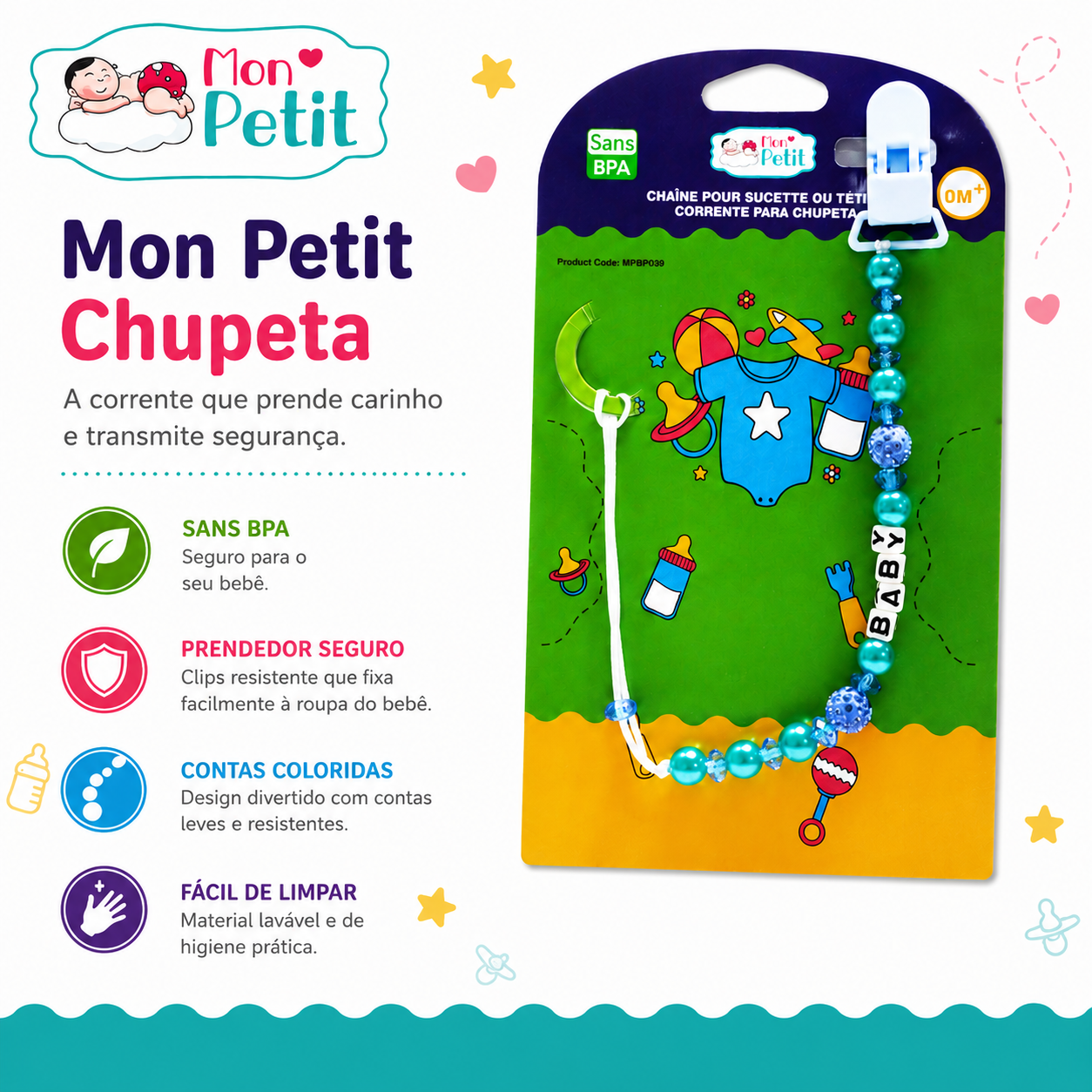 Infografia da corrente para chupeta Mon Petit na embalagem original, destacando o material livre de BPA, clipe de fixação seguro para a roupa e contas leves coloridas.