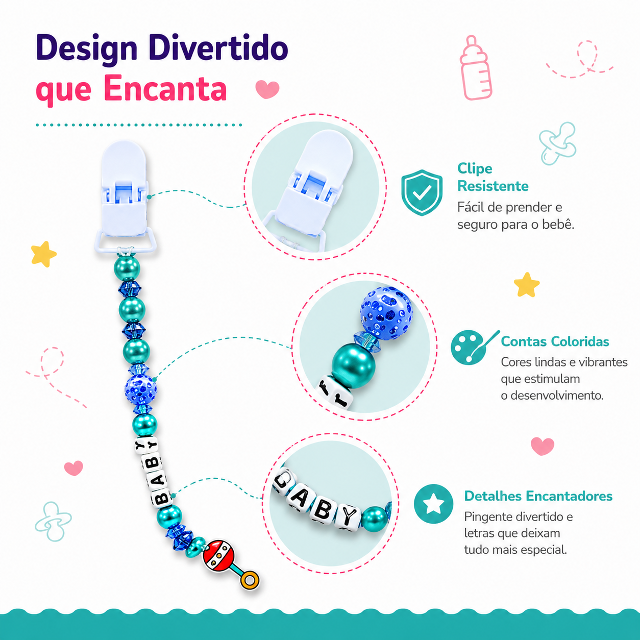 Detalhes do design da corrente para chupeta com grande plano no clipe resistente de fixação maleável, nas contas azuis vibrantes e nas letras do alfabeto decorativas.