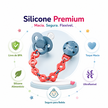 Diagrama do prendedor de chupeta Mon Petit evidenciando as propriedades do silicone premium: livre de BPA, silicone alimentício, seguro para bebés, toque macio e ultra-flexível.
